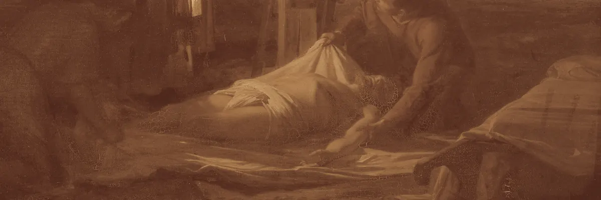 Detail from Carl Bloch's painting Descent from the Cross: the body of Jesus lowered onto a linen cloth by lamplight