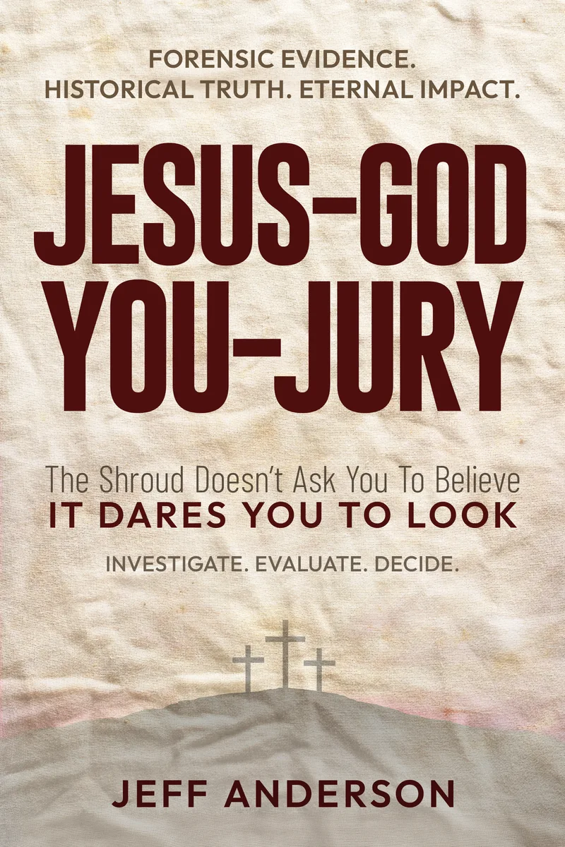Cover of Jesus-God You-Jury by Jeff Anderson: the title in dark red over aged linen, with three crosses on a hill