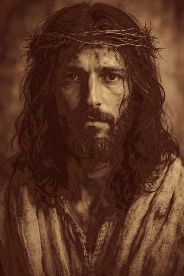 Portrait of Jesus wearing the crown of thorns, wrapped in a bloodstained linen cloth